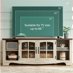 Modern Farmhouse TV Stand for TVs up to 65",Home Entertainment Center with Storage Cabinet and Adjustable Shelves,Washed Grey & Brown 