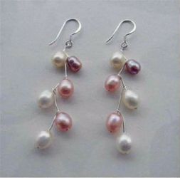 HANDMADE! Akoya saltwater cultured pearls pink white earrings with Silver Hook