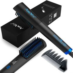 Mini Hair Straightener Brush, AmoVee Hair Straightener Comb for Hair & Beard, Instant Heating with 5 Adjustable Temp, Auto Safety Lock Brush Hair Stra