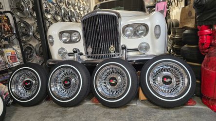 Lowrider Wire Wheels Sharp wire wheels 13 inch whitewall tires 5 lug Universal trade Daytons wire tru Classics tru spokes tru ray Roadster Zenith Crag
