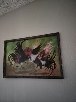 Framed Rooster Cockfight Oil Painting