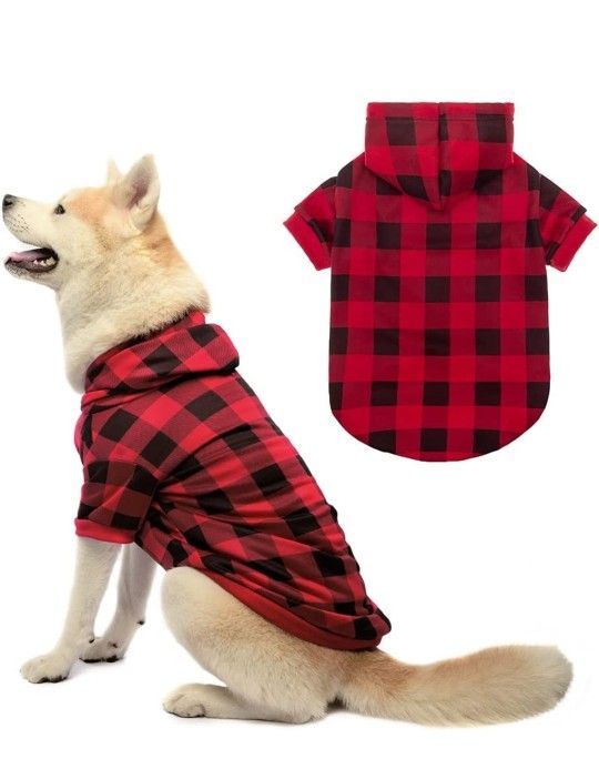 Plaid Dog Hoodie Clothes - Warm Soft Dog Sweater Outfit with Hat, Fall and Winter Pet Sweatshirt Clothing with Leash Hole for Small to Large Dogs