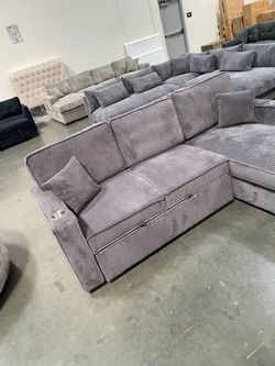 NEW Sectional Sofa with STORAGE Chaise Set and Pullout Sleeper Bed Convertible Couch Sofabed Gray Fabric Small Living Room Space Saving Apartment Size