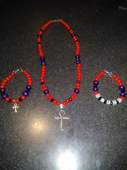 Red Purple and Black Ankh Necklace and Ankh Bracelet & Queen Bracelet