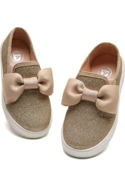 Girls Gold Bow Slip On Shoes Size 1.5/2