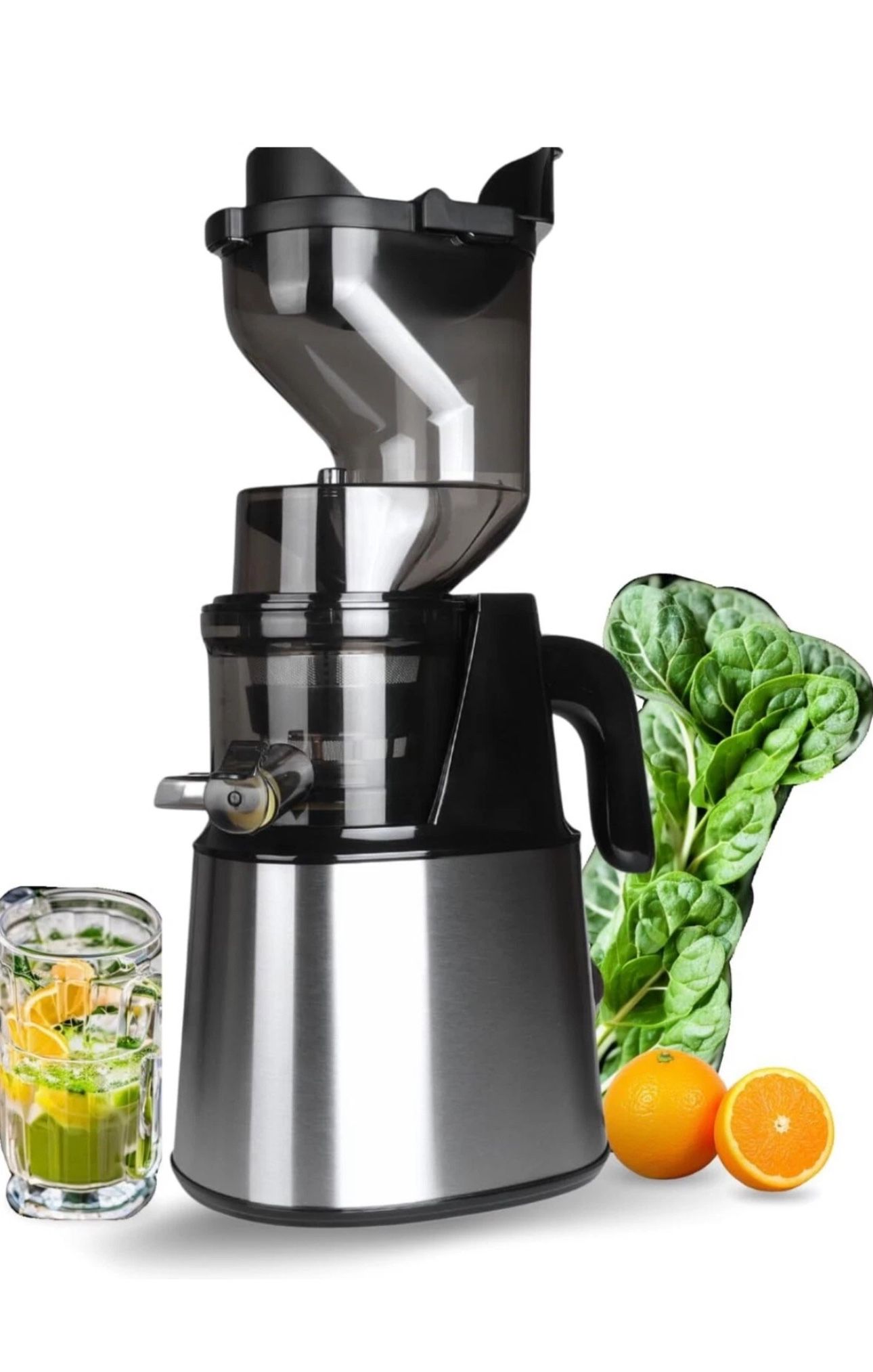 300W Cold Press Slow Juicer, Stainless Steel, 75RPM, 5.1 Inch Feeding Chute, Pulp Juice Separation, Quiet and Efficient, Easy to Clean for Maximum Nut