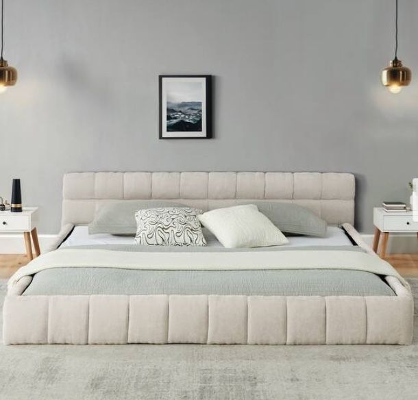 California King Size Upholstered Bed Frame With Thick Fabric Chenille Fabric Platform Bed Headboard - Beige