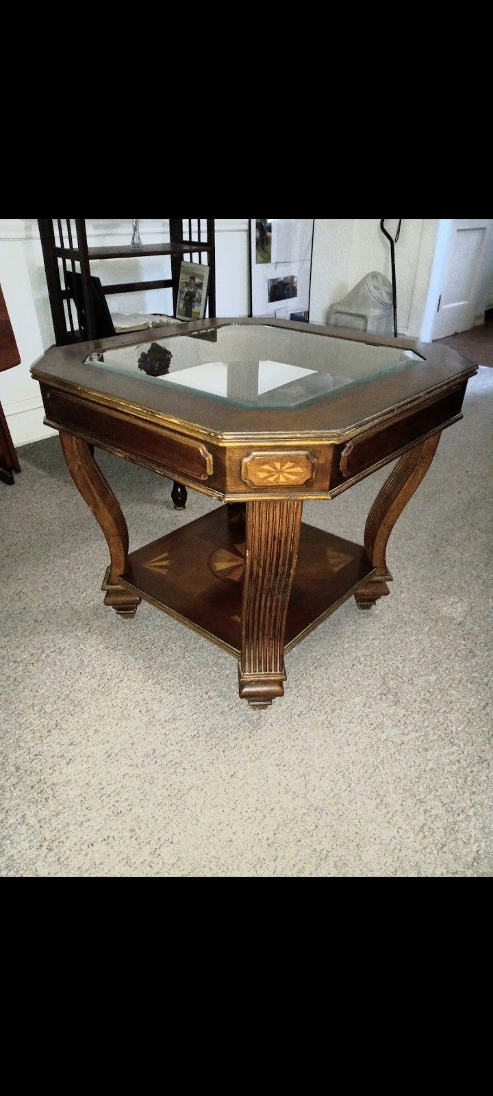 Heavy Wooden Glass Top Square 2 Tier End/Coffee Table
