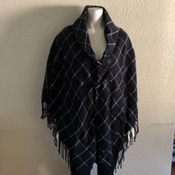 Black Windowpane-Fringe Hem Toggle Closure Cape Wrap