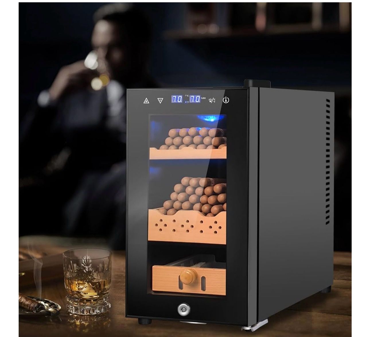 Electric Humidor, 25L 150 Counts Large Capacity,Thermostatic Cooling Humidor Cabinet with Spanish Cedar Wood Shelves, Digital LED Screen, Safety Lock,