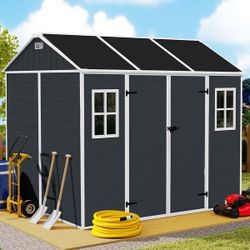 8x7 FT Outdoor Storage Shed,Waterproof Resin Large Storage Space Tool Sheds with Two-Window and Double-Door, Plastic Shed w/Floor,Sloping Roof & Locka