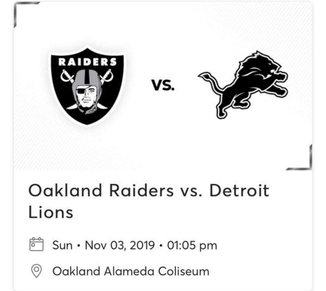 Raiders vs Lions tickets . Parking pass also available