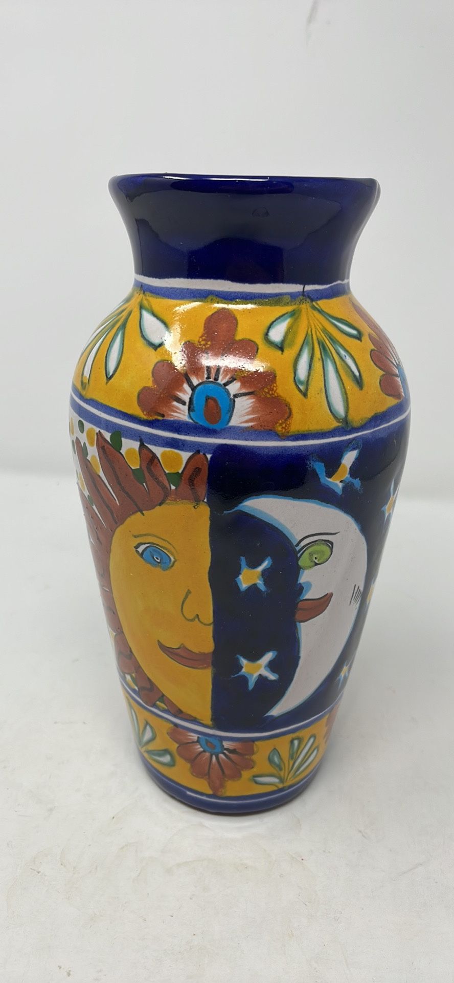 Vintage Talavera Mexican Pottery Handmade Ceramic Vase Moon & Sun 9 1\2”x4”