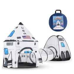 JOYIN White Rocket Ship Pop up Play Tent with Tunnel and Playhouse Kids Indoor Outdoor Spaceship Tent Set