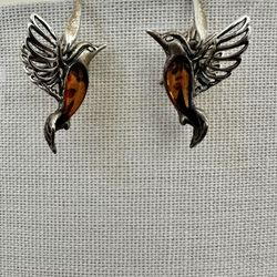Sterling Silver Hummingbird Earrings with Genuine Polish Amber
