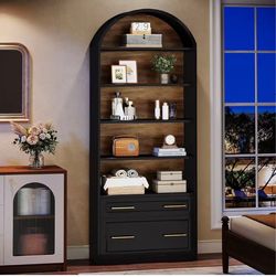 New assembled 76.8" Tall Arched 5-Tier Bookcase, Black Bookshelf with File Cabinet Drawer, Modern Freestanding Wooden, Large Open Display Storage, For