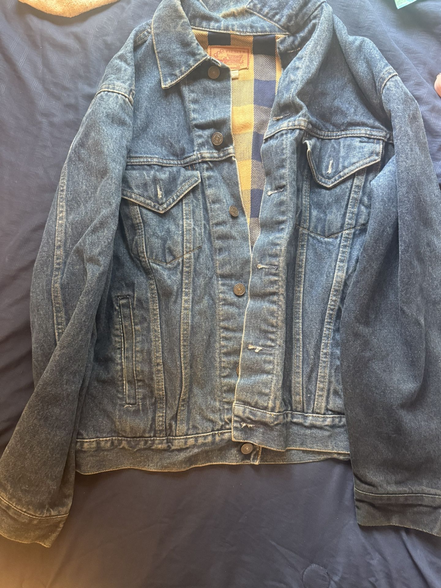Vintage 90s GAP PIONEER Plaid Lined Denim Distressed JEAN JACKET Men's size 40
