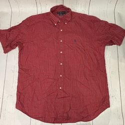 Ralph Lauren Men Large Red Plaid Blake Shirt Button Up Short Sleeve Purple Pony