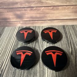 SET OF 4 TESLA Black Red  56 mm Wheel Rim Center Caps