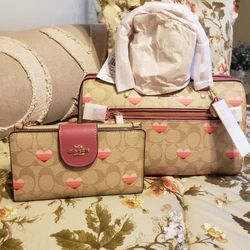 Coach Signature Stripe Heart Rowan Satchel & Matching Tech Wallet Set. Brand New With Tags. Retail Value $676.00 + Tax.