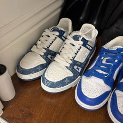 Blue Louis Vuitton, Blue Dunks ,Birkenstocks, White I’ve Skates ,black Timberland , Balenciga ,kith Shoes