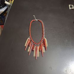 Gorgeous Collar Necklace W/Red Cascading Acrylic Cones & Spikes Gold Accents Red Cord Silver-plated Chain 15"