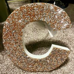 New Rose Gold Pink Silver Sparkly Beaded Wooden Letter ‘C’ Monogram Home Decor