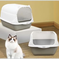Cat Litter Pan Indoor Enclosed Cat Toilet Anti Splashing Detachable for Indoor Cats with Front Door Kitten Potty with Scoop Pet Supplies(Grey)