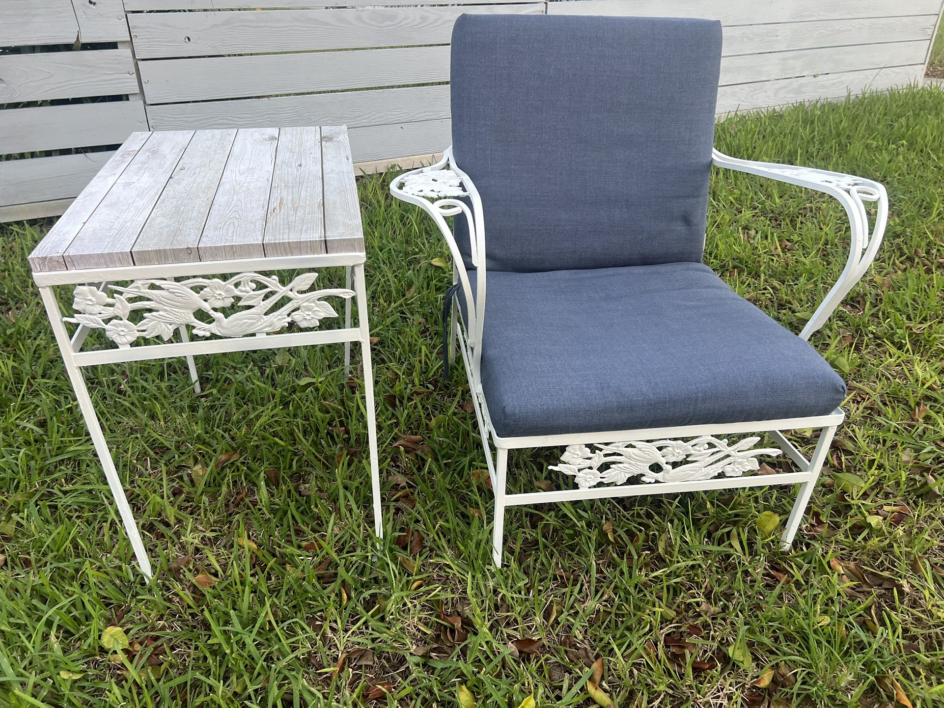 Wrought Iron Vintage Patio Chair With Maching Table And Cushion