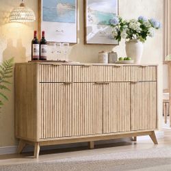 48" Fluted Storage Buffet Sideboard Cabinet with Drawers, Natural Oak Morden Coffee Bar Cabinet, 4 Doors and 3 Drawers for Dining Room, Living Room, H