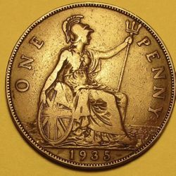 1935 UK Great British One Penny Large Coin