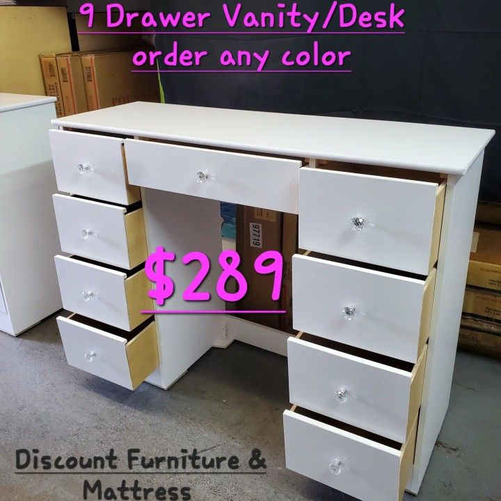 New White 9 Drawer Vanity Desk With Diamond 💎 Knobs Available In Other Colors Come Visit Our Store In Paramount