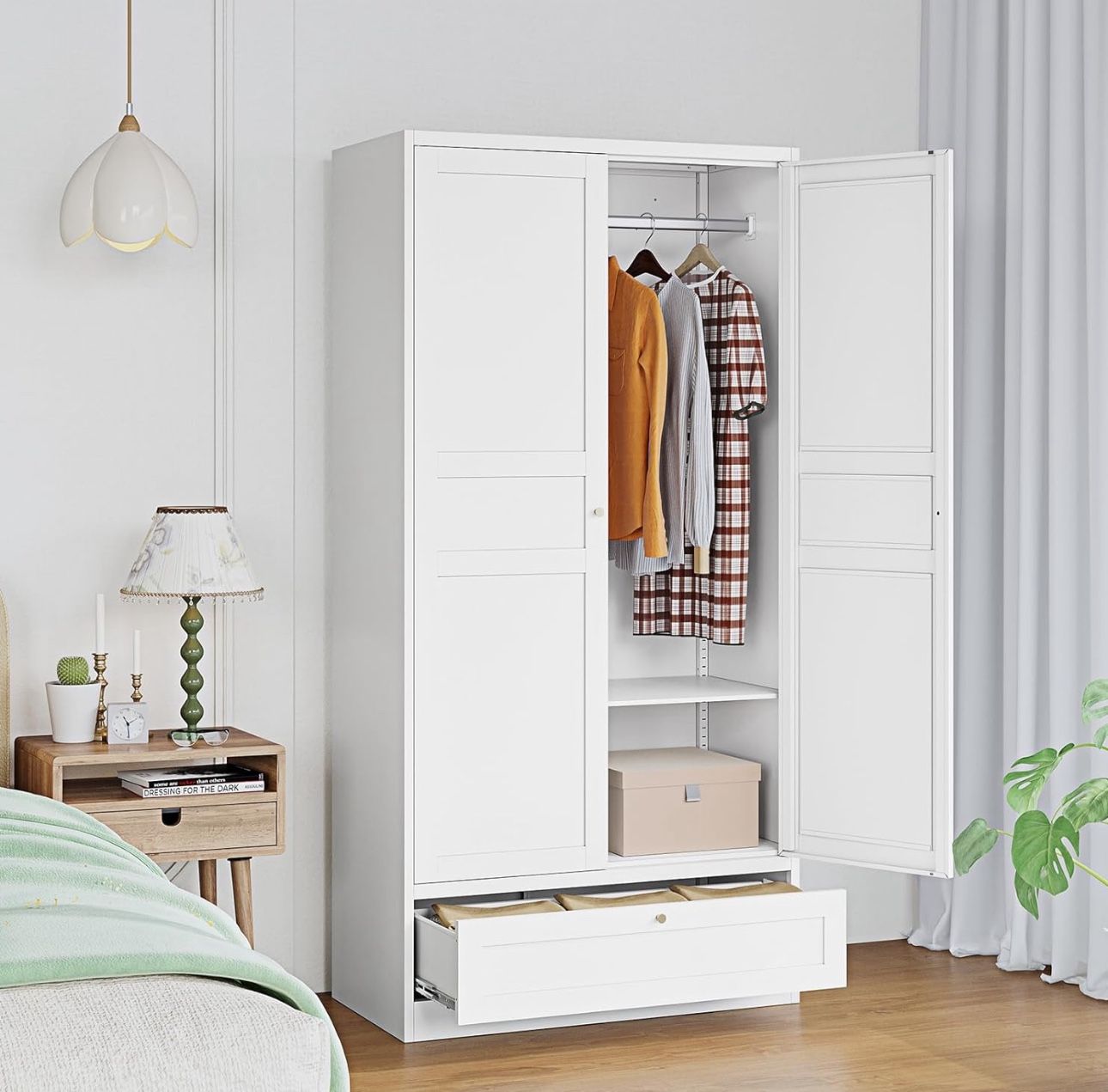 Metal Wardrobe Closet Cabinet,White Armoire Wardrobe Closets Storage Cabinets with Drawer