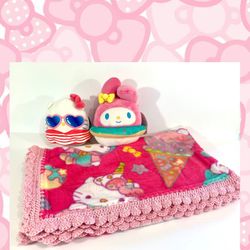 Hello Kitty and Melody Ice Cream Crochet Baby Youth Blanket Plush Set - 3 Piece