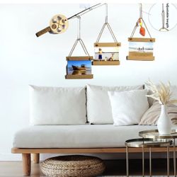 Wood Fishing Pole Wall Decor with 3 4”X4” Frames, Wall Decor for Fishing Lovers & Fishermen