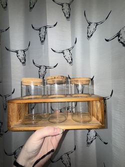 Wooden Holder With 3 Glass Jars & Cork Lids