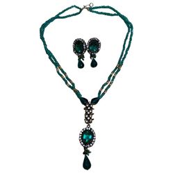 Turquoise Teal Indian Rhinestone Gold Necklace and Earrings