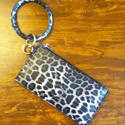 NWT PU Leather Leopard Print Wallet Key Ring Bangle Wristlet.