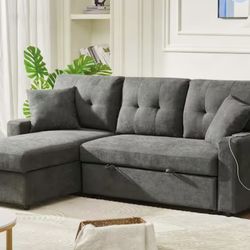 81.5 in. Straight Arm Velvet L-Shaped Sofa Reversible Sofa Bed Sofa Couch Sleeper with USB Port and Storage in Dark Gray