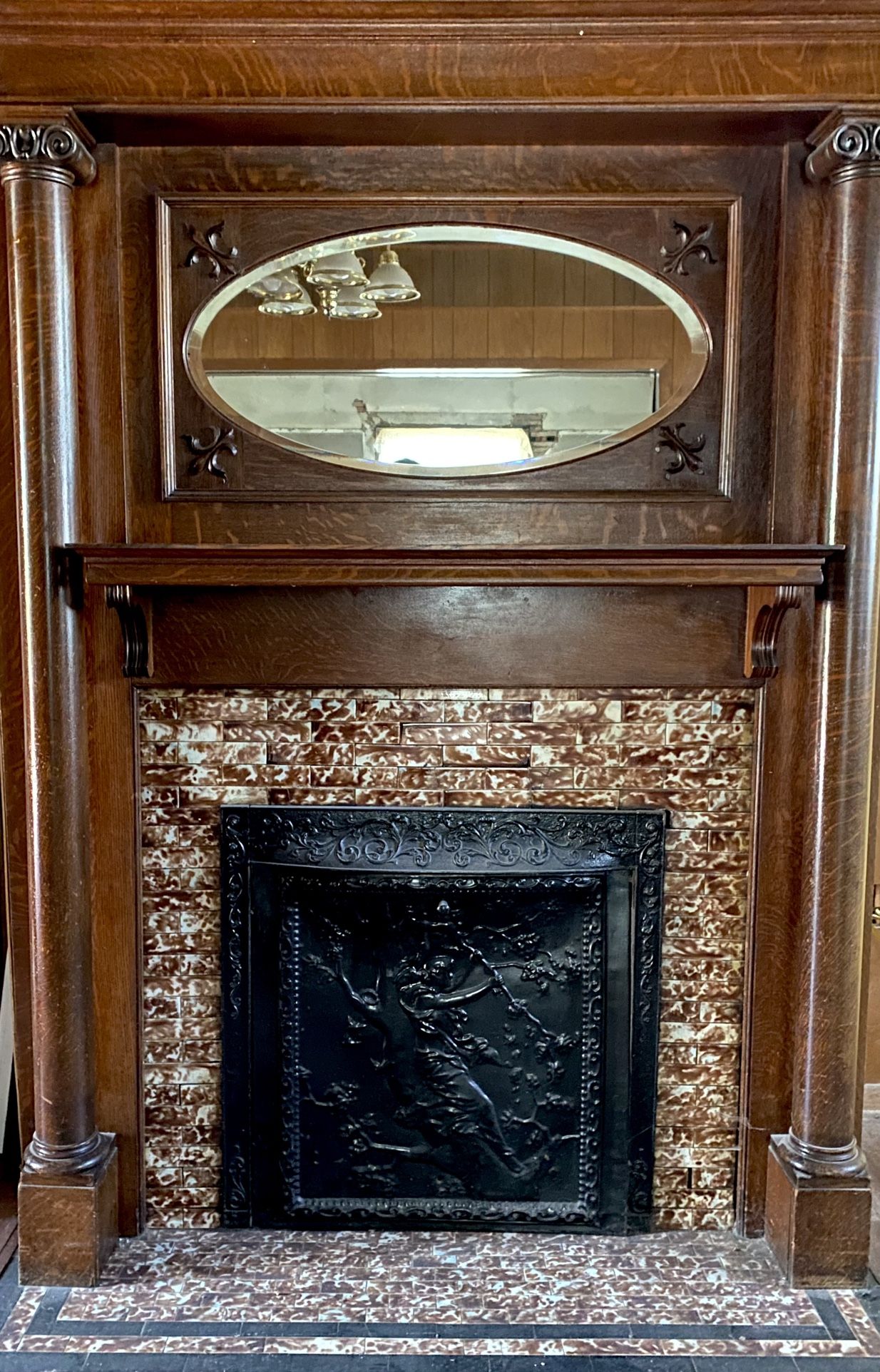 1904 Antique Tiger Oak Wood Fire Mantle