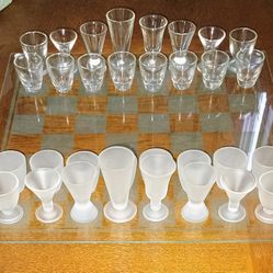 Beautiful Glass Chess Game Set with original box  Gentleman's Drinking Bar Game. See our other great vintage art antiques jewelry sports furniture fis