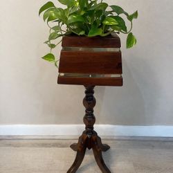 Vintage Wooden Carved Jardinière Plant Stand Holder With Brass Accent  ~23”H HTF