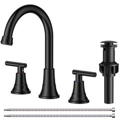 (9999-56)Black Bathroom Faucet 3 Hole Vanity, 2 Handle 360° Swivel Matte Black 8 Inch Widespread Bathroom Sink Faucet 3 Holes, with 360 Degre
