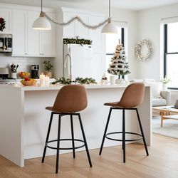 Homy Casa Char 2 Piece Modern Faux Leather Swivel Counter Bar Stools Brown