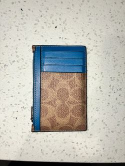 COACH ZIP CARD WALLET  MAHOGANY KHAKI / BLUE  MENS COIN CARD WALLET