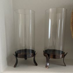 Glass Hurricanes With Copper Bases  - Set Of 2