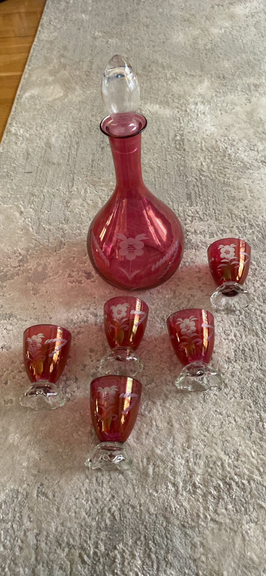 Vintage Cranberry Glass Set Decanter 