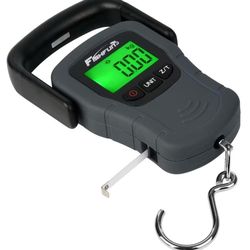 Fishfun Digital Fish Scale, Electronic Hanging Fish Weight Scale With Large Handle & Measuring Tape, 110lb/50kg Fishing Scale, 3 AAA Batteries Include