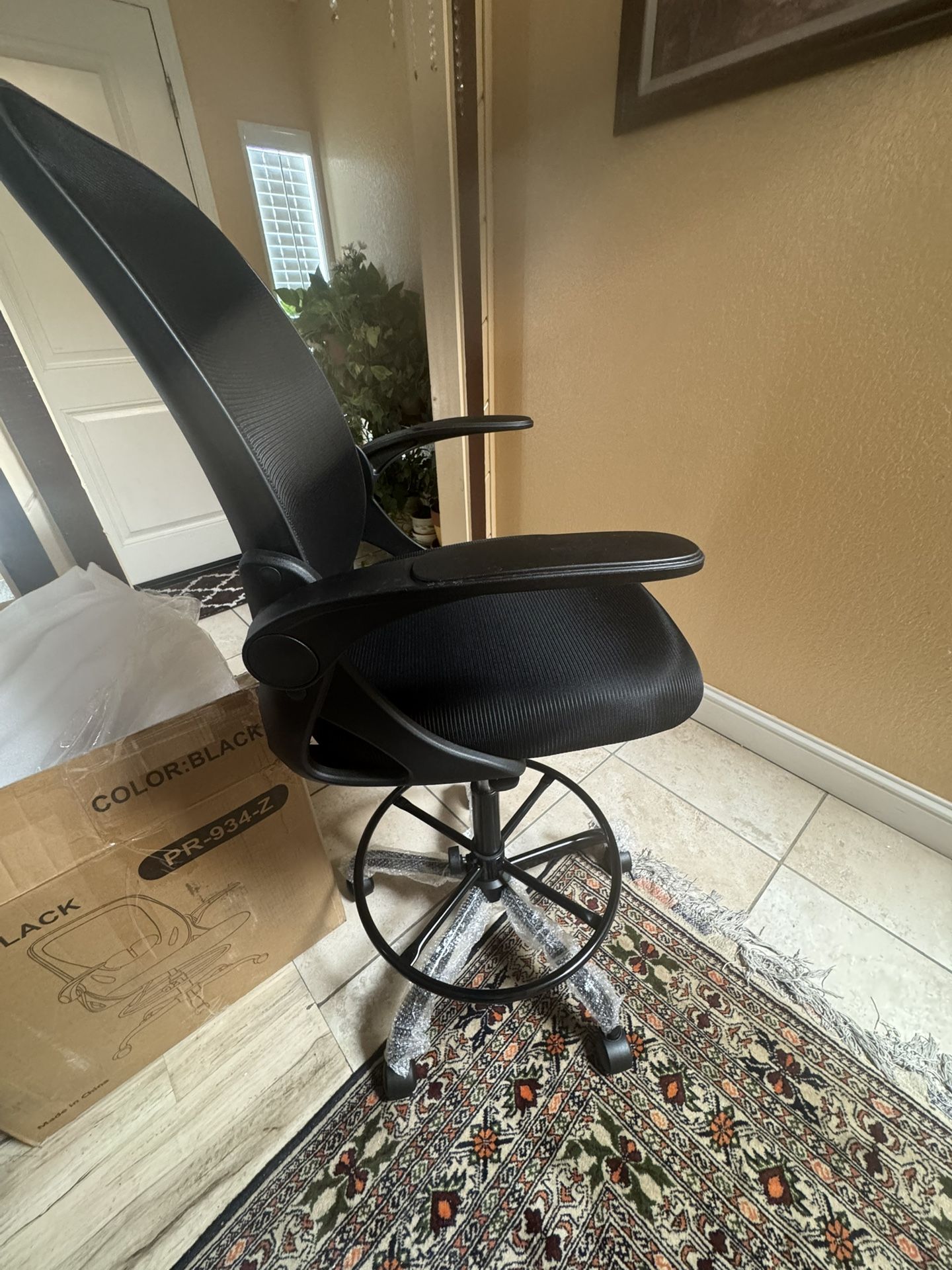 Primy Drafting Chair - Black Tall Office Chair with Flip-up Armrests | Executive Ergonomic Computer Standing Desk Chair Includes Lumbar Support & Adju
