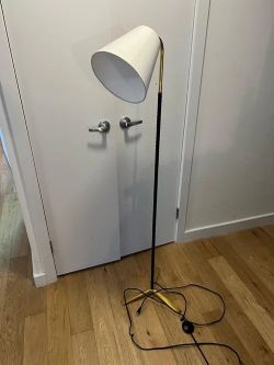 CB2 Barnes Brass and Black Leather Floor Lam